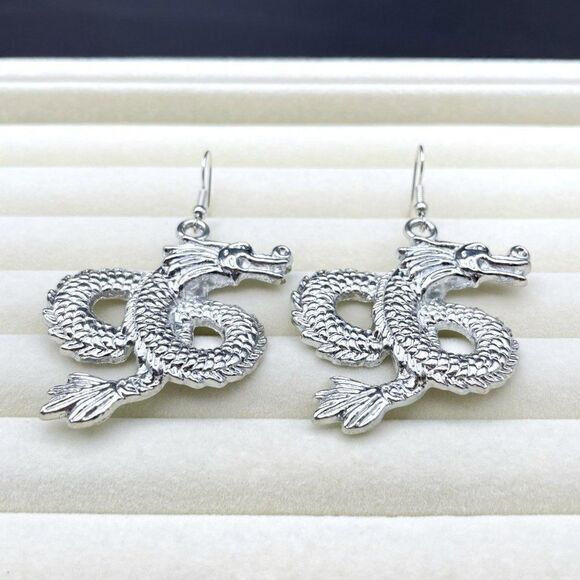 Silver Intricate Asian Inspired Mythical Dragon Dangling Drop Hook Earrings - Picture 4 of 9